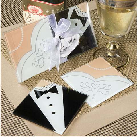 Wedding Glass Coaster - Bride Dress & Groom Tuxedo set of 2 - Bomboniere